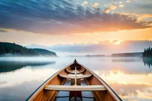 the boat is on the water at sunrise. AI-Generated photo