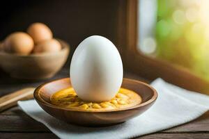 an egg is sitting on top of a bowl. AI-Generated photo