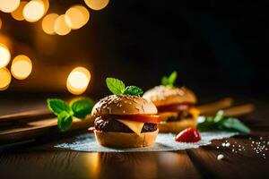small hamburgers on a wooden table with lights. AI-Generated photo