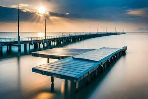 a pier in the ocean with the sun shining. AI-Generated photo