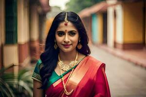 a beautiful woman in a red and green sari. AI-Generated photo