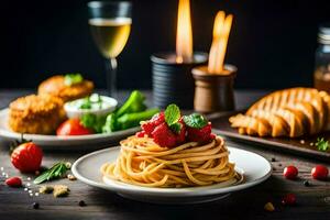 spaghetti with berries and bread on a wooden table. AI-Generated photo