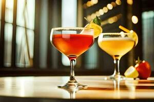 two cocktails sit on a table in front of a window. AI-Generated photo
