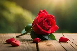 a single red rose on a wooden table with petals scattered around it. AI-Generated photo