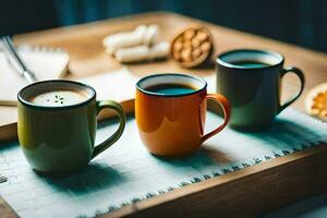 Tres café tazas en un bandeja. generado por ai foto