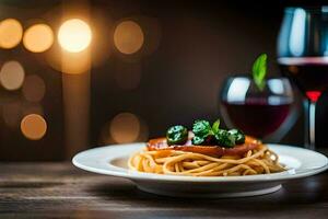 espaguetis con tomate salsa y carne en un lámina. generado por ai foto