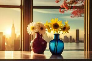 two vases with flowers sitting on a table with a view of the city. AI-Generated photo