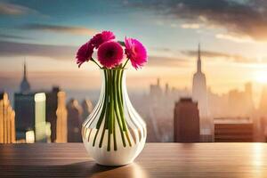 flowers in a vase on a table with a city in the background. AI-Generated photo