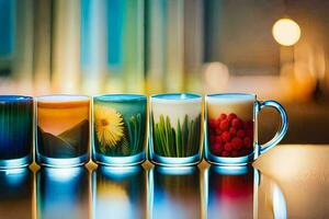 five colorful mugs lined up on a table. AI-Generated photo