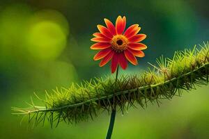 un soltero rojo flor es sentado en un verde provenir. generado por ai foto