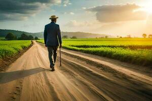 a man walking down a dirt road in the middle of a field. AI-Generated photo