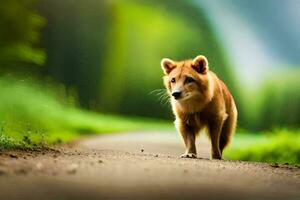 a dog walking on a road in the middle of a green field. AI-Generated photo