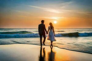 a bride and groom walking on the beach at sunset. AI-Generated photo