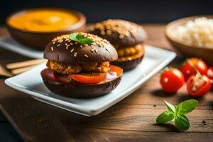 two burgers with tomatoes and cheese on a plate. AI-Generated photo