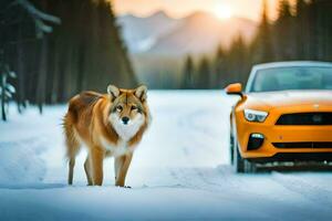 a wolf and a ford mustang in the snow. AI-Generated photo