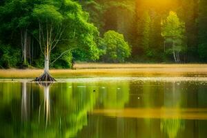 a tree in the middle of a lake with the sun shining. AI-Generated photo