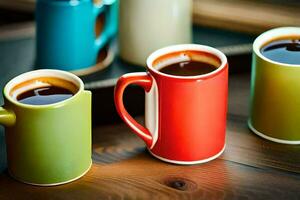 three coffee cups with different colors on a wooden table. AI-Generated photo