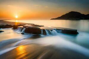 un hermosa puesta de sol terminado el Oceano con olas estrellarse dentro rocas generado por ai foto