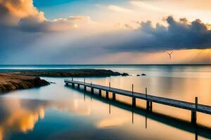 un muelle con un molino en el distancia a puesta de sol. generado por ai foto