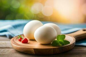 three eggs on a wooden cutting board with a green leaf. AI-Generated photo