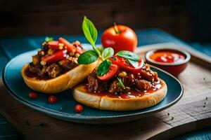 buns with meat and tomato sauce on a blue plate. AI-Generated photo