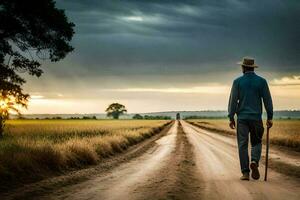 a man walking down a dirt road with a cane. AI-Generated photo