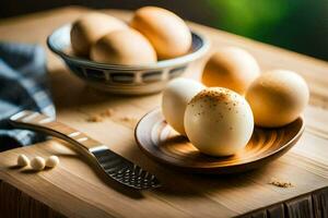 eggs on a wooden table with a bowl and spoon. AI-Generated photo