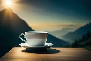 a cup of coffee on a table in front of a mountain range. AI-Generated photo