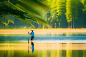 a man is fishing in a lake with trees in the background. AI-Generated photo