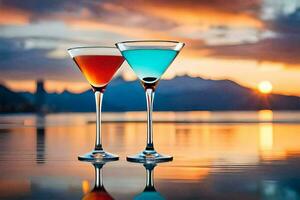 two cocktails are sitting on the water with a sunset in the background. AI-Generated photo