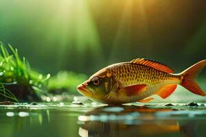 pescado en el agua con césped y luz de sol. generado por ai foto