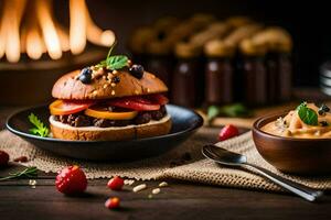 a burger with berries and cheese on a plate. AI-Generated photo