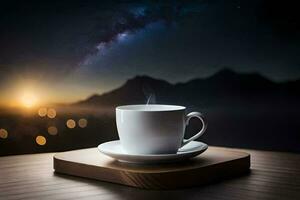 un taza de café en un de madera mesa en frente de un noche cielo. generado por ai foto