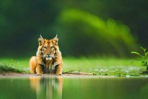 a lynx sitting on the grass by the water. AI-Generated photo