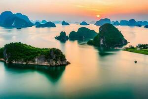 the sun sets over the water in halong bay, vietnam. AI-Generated photo