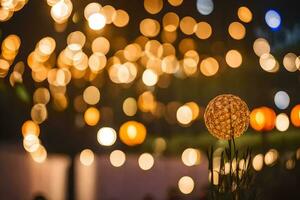 un cerca arriba de un flor con luces en el antecedentes. generado por ai foto