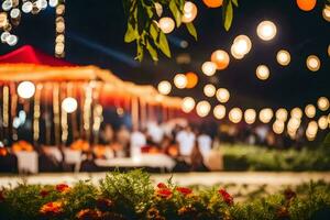 a wedding reception with lights and flowers. AI-Generated photo