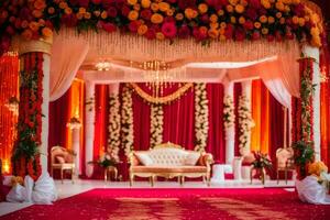 a wedding ceremony with red carpet and orange flowers. AI-Generated photo