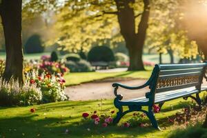 un parque banco es sentado en el medio de un lozano verde parque. generado por ai foto