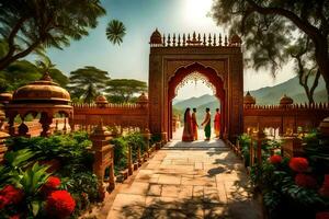 two women in saris walk through an archway. AI-Generated photo