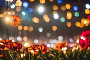 flores en el noche con bokeh luces. generado por ai foto