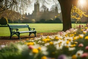 a bench in a park with flowers and trees. AI-Generated photo