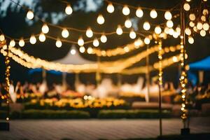 a wedding reception with lights strung over the tables. AI-Generated photo