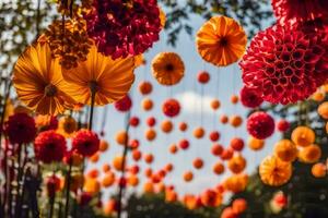 colorful flowers hanging from the sky. AI-Generated photo