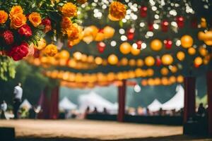 a wedding ceremony with colorful flowers and lanterns. AI-Generated photo