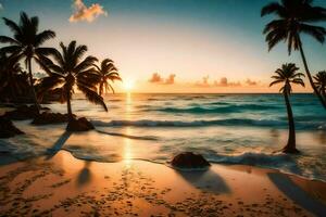 the sun sets on the beach in the caribbean. AI-Generated photo