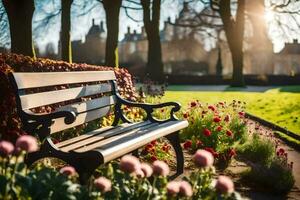 a bench in a park with flowers and trees. AI-Generated photo