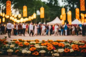 people walking through a field with flowers and lanterns. AI-Generated photo