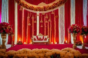 an indian wedding stage decorated with red and gold. AI-Generated photo