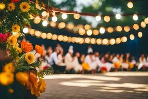 a wedding ceremony with people sitting in chairs. AI-Generated photo